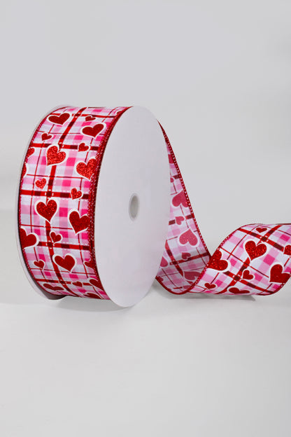 2.5" x 50Yds Wired White Satin Red/Pink With Glitter Hearts