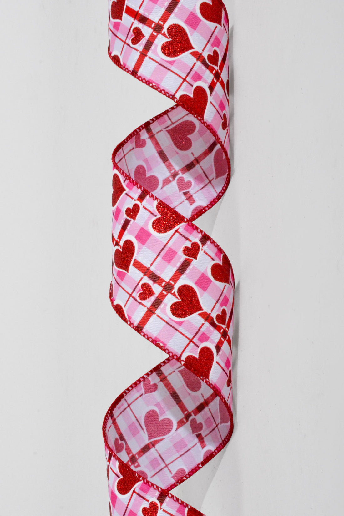 2.5" x 50Yds Wired White Satin Red/Pink With Glitter Hearts