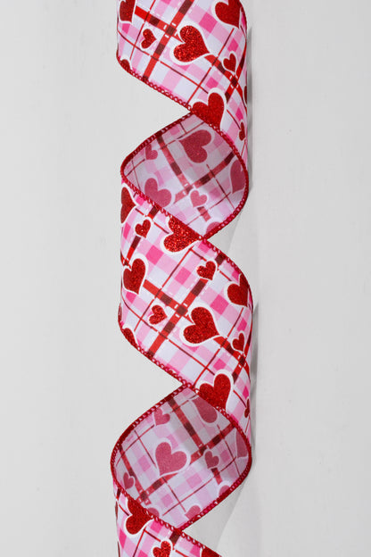 2.5" x 50Yds Wired White Satin Red/Pink With Glitter Hearts