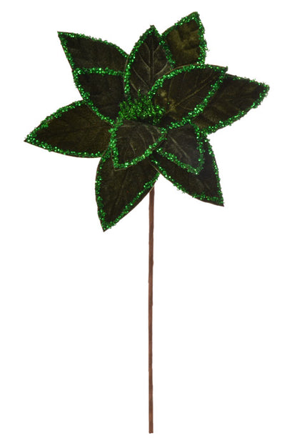 24" Sequin Edge Velvet Poinsettia Stem (Emerald)