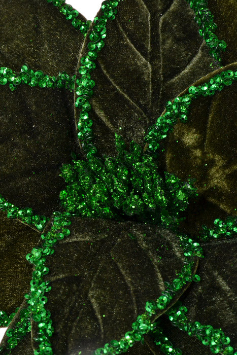 24" Sequin Edge Velvet Poinsettia Stem (Emerald)