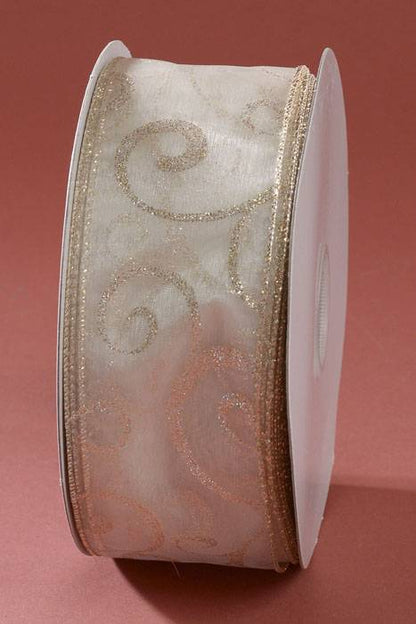 2.5" X 50yds Swirl Wired Ribbon Ivory/gold