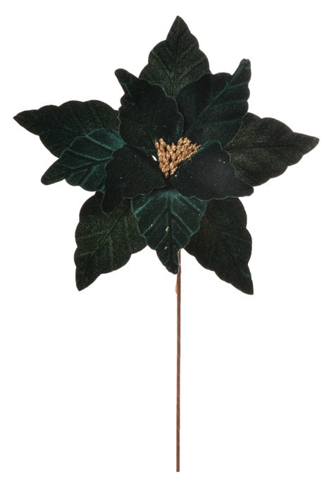24" Velvet Glittered Center Poinsettia Stem Emerald