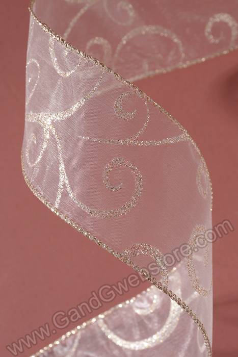 2.5" X 50yds Swirl Wired Ribbon Ivory/gold
