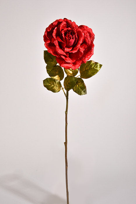 25" Glitter Winter Rose Stem Red