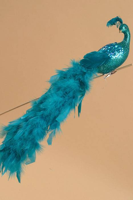 18" Glittered Peacock W/clip Turquoise