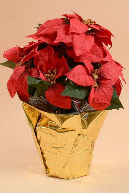 19" Velvet Poinsettia W/paper Pot Red/gold