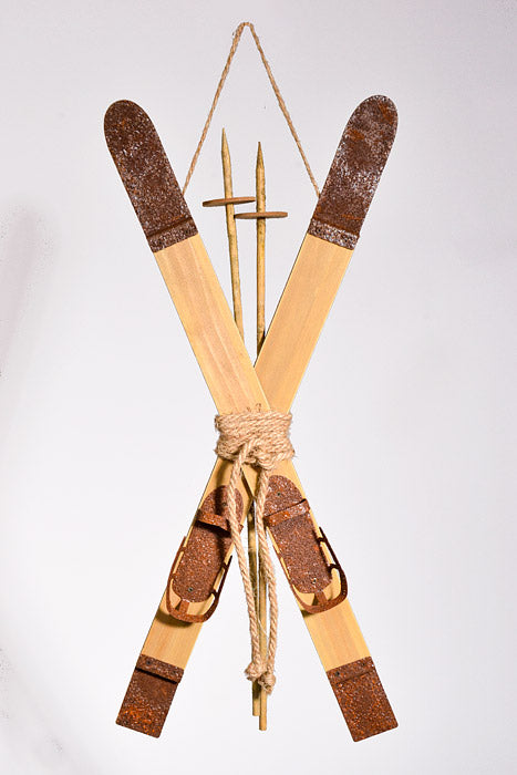 21" Metal Winter Skis/Pole Ornament Brown/Natural