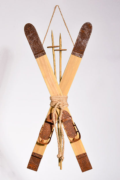 21" Metal Winter Skis/Pole Ornament Brown/Natural