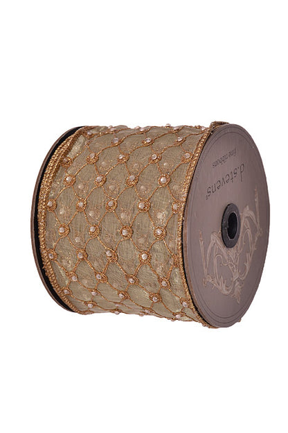 4" X 10Yds Wired Tissue Silk Embroidery Diamond Harlequin Ribbon Gold