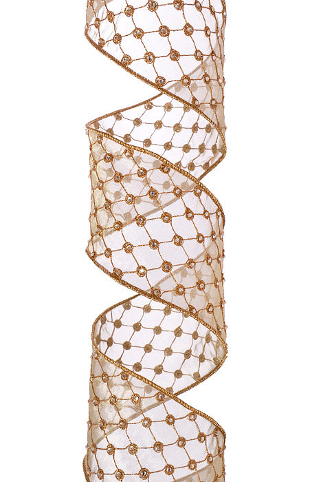 4" X 10Yds Wired Tissue Silk Embroidery Diamond Harlequin Ribbon Gold