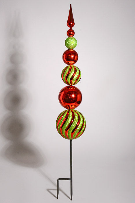 36" Ball Stack Shinny/Mix Glitter Finial Stake Ornament Red/Green