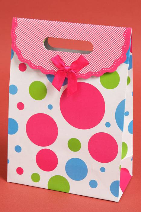 7.5" X 10.5" X 3.5" Paper Gift Bag W/bow Polka Dot Fuchsia Pkg/12