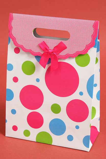 7.5" X 10.5" X 3.5" Paper Gift Bag W/bow Polka Dot Fuchsia Pkg/12