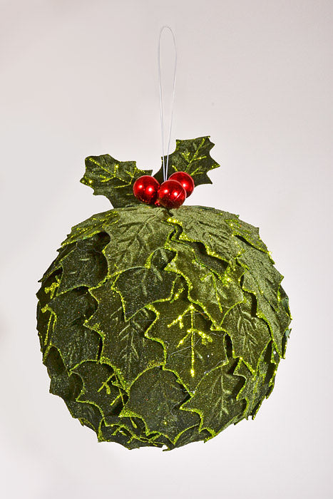 6" Velvet Holly Leaf Kissing with Ball Ornament Dark Green/Red