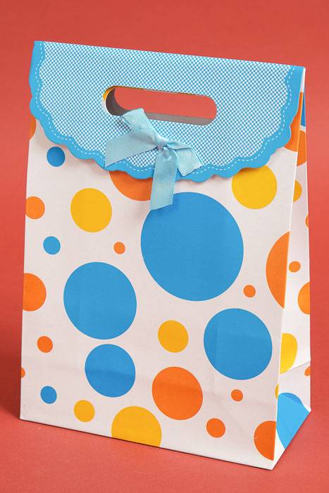 7.5" X 10.5" X 3.5" Paper Gift Bag W/bow Polka Dot Blue Pkg/12