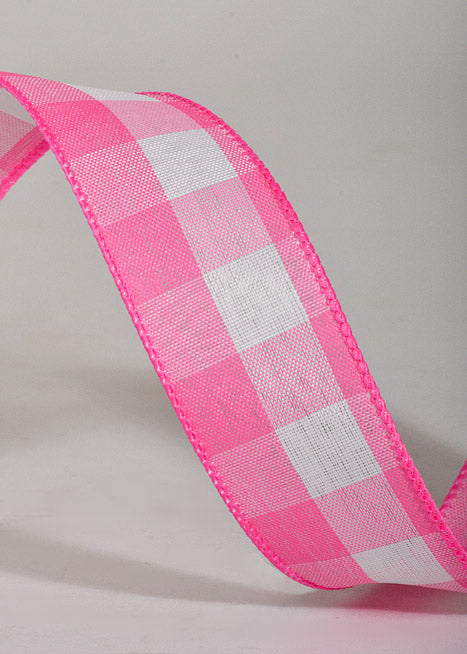 1.5" X 50Yds Wired Spring Check Ribbon Fuchsia/White