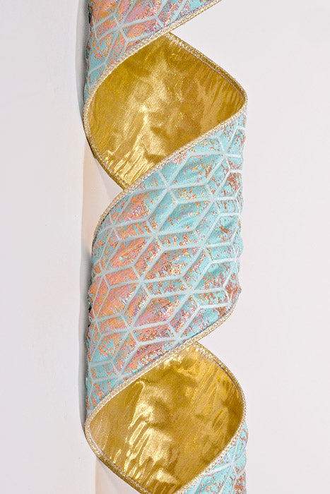 4" X 5Yds Wired Diamond Jacquard Ribbon Aqua/Mauve