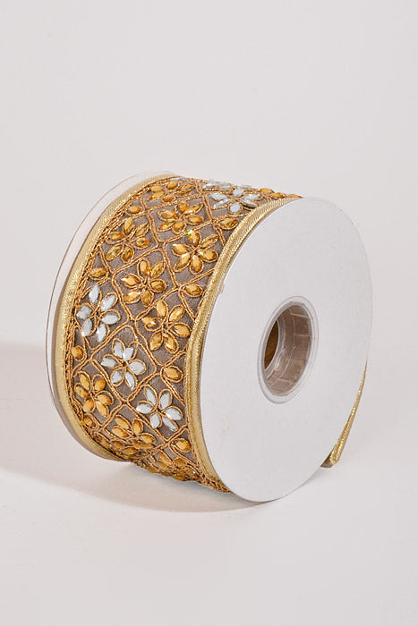 2.5" X 5Yds Wired Jewel Fluret Sheer Dupion Ribbon Gold