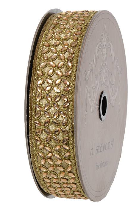 1.5" X 10yds Metal Dupion W/floral Trellis Trim Gold