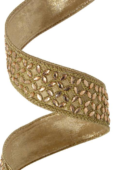 1.5" X 10yds Metal Dupion W/floral Trellis Trim Gold