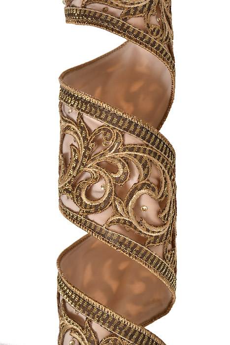 4" X 5 Yds Embroided Scroll Velvet Wired Ribbon Champagne/gold