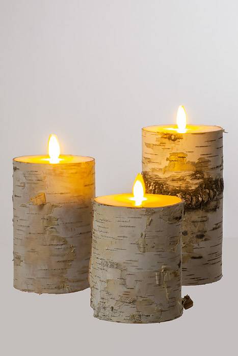 4/5/6" Remote Control Birch Pillar Candle White Set/3