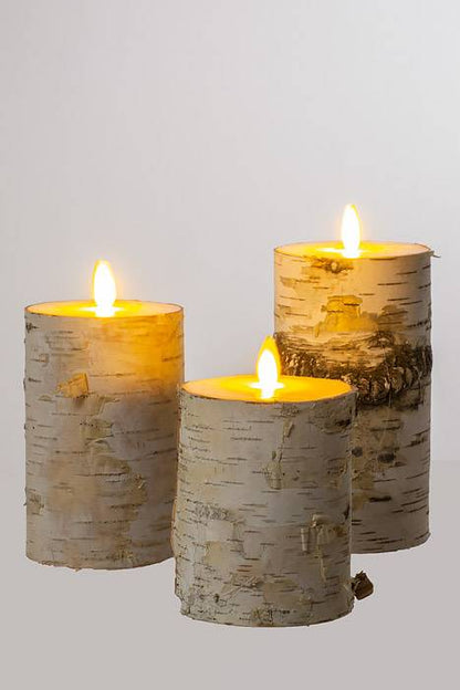 4/5/6" Remote Control Birch Pillar Candle White Set/3