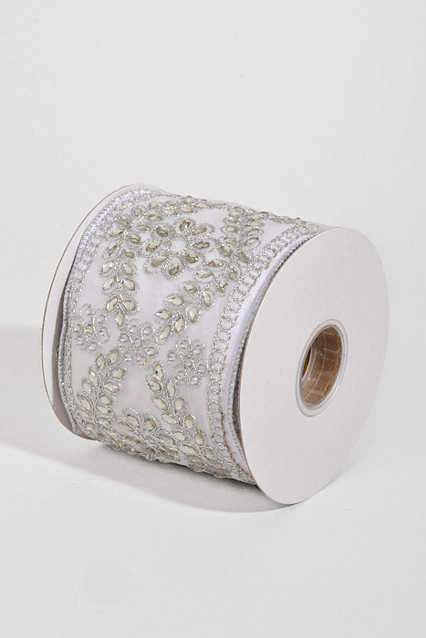 4" X 5Yds Wired Dupion with Jeweled Scroll Ribbon White/Silver