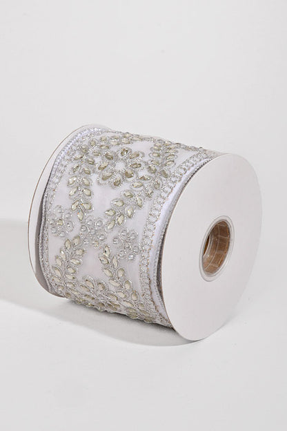 4" X 5Yds Wired Dupion with Jeweled Scroll Ribbon White/Silver