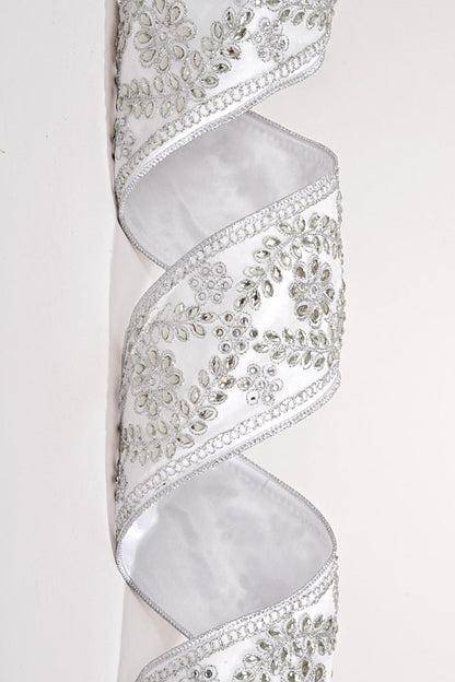 4" X 5Yds Wired Dupion with Jeweled Scroll Ribbon White/Silver