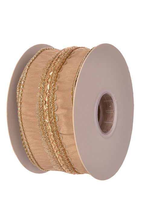 2.5" X 5Yds Wired Scalloped Braid Dupion Ribbon (Champagne)