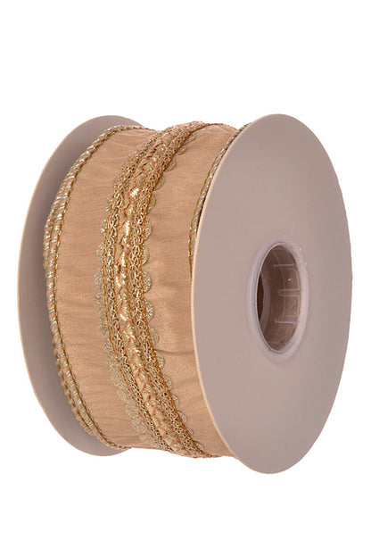 2.5" X 5Yds Wired Scalloped Braid Dupion Ribbon (Champagne)