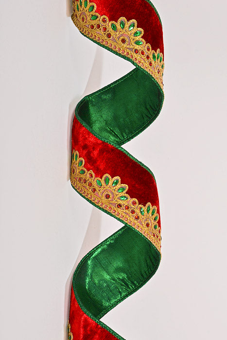 2.5" X 5Yds Wired Scrolled Jewel Velvet Ribbon Red/Green/Gold