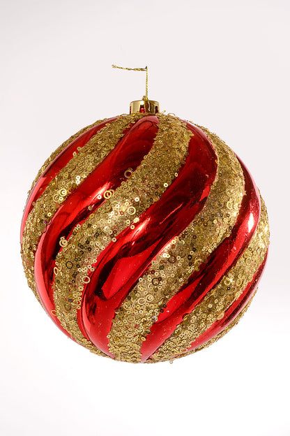 200Mm Plastic Pumpkin Ball With Glitter/Sequin Ornament Red/Gold