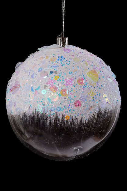 100Mm Plastic Snow W/Glitter/Sequin Ball Ornament White/Clear Box-4
