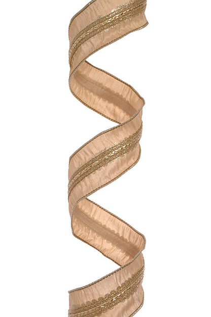2.5" X 5Yds Wired Scalloped Braid Dupion Ribbon (Champagne)