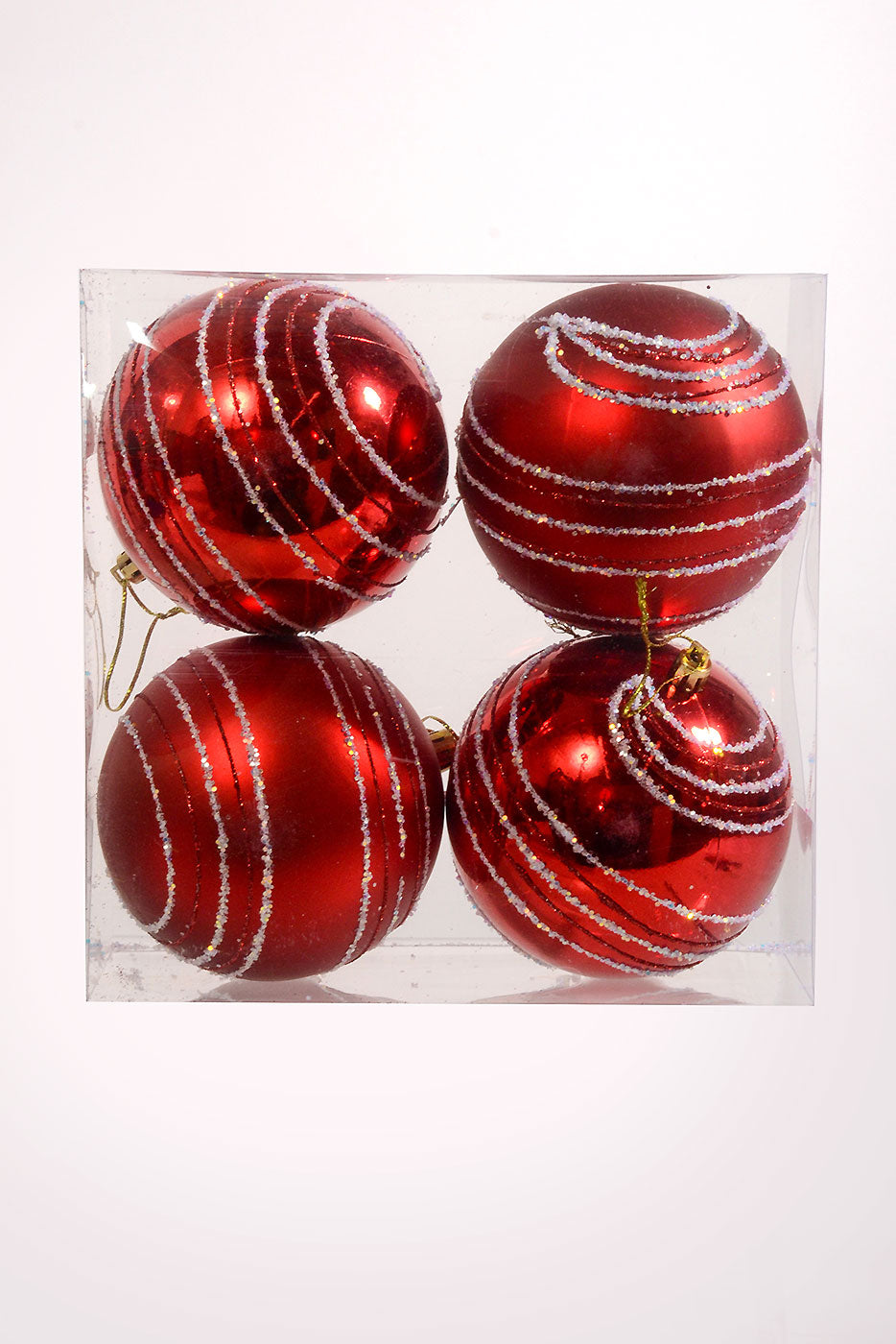 100Mm Plastic Shiny Matt W/Glitter Ornament Red Box-4