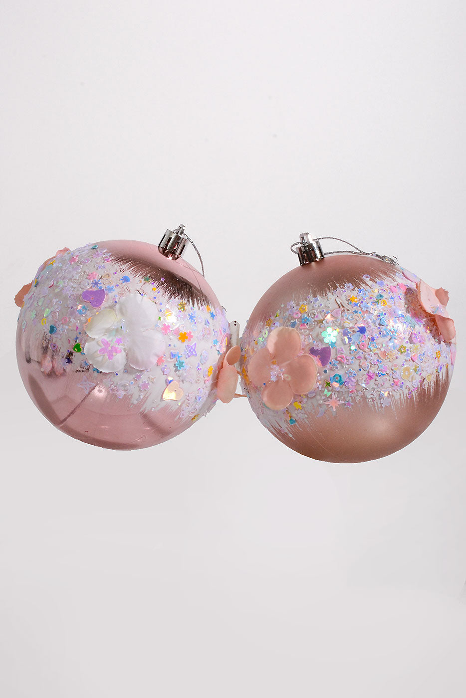 100Mm Plastic Shiny Matt W/Sequin Flower Ornament Pink Box-4