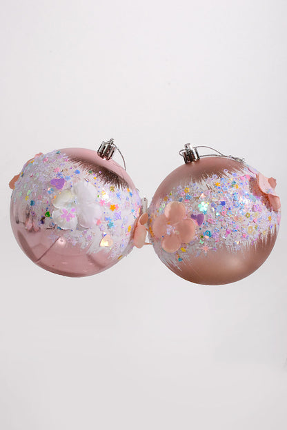 100Mm Plastic Shiny Matt W/Sequin Flower Ornament Pink Box-4