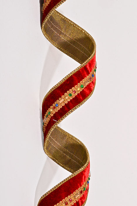 1.5" X 5Yds Wired Diamond Jewel Trim Velvet Ribbon Red/Gold