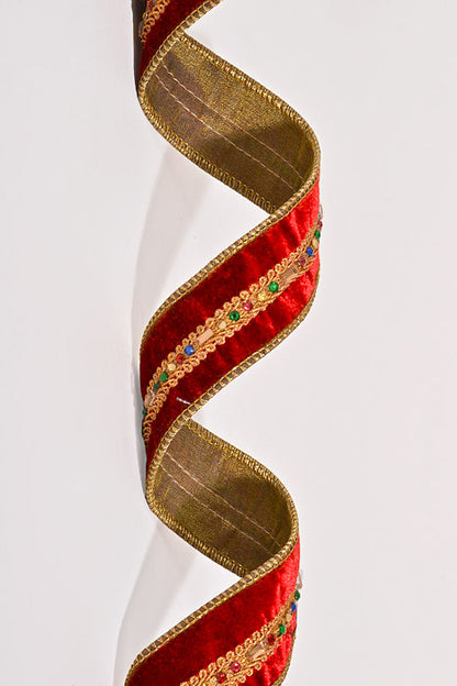 1.5" X 5Yds Wired Diamond Jewel Trim Velvet Ribbon Red/Gold