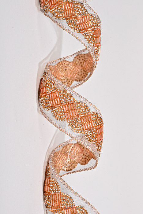 2" X 5Yds Wired Sheer Beaded Pave Ribbon Rose Gold