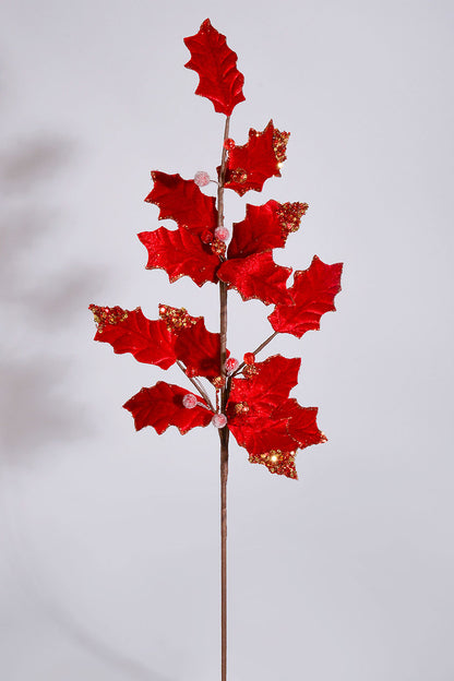 29" Velvet Holly Spray Red/Gold