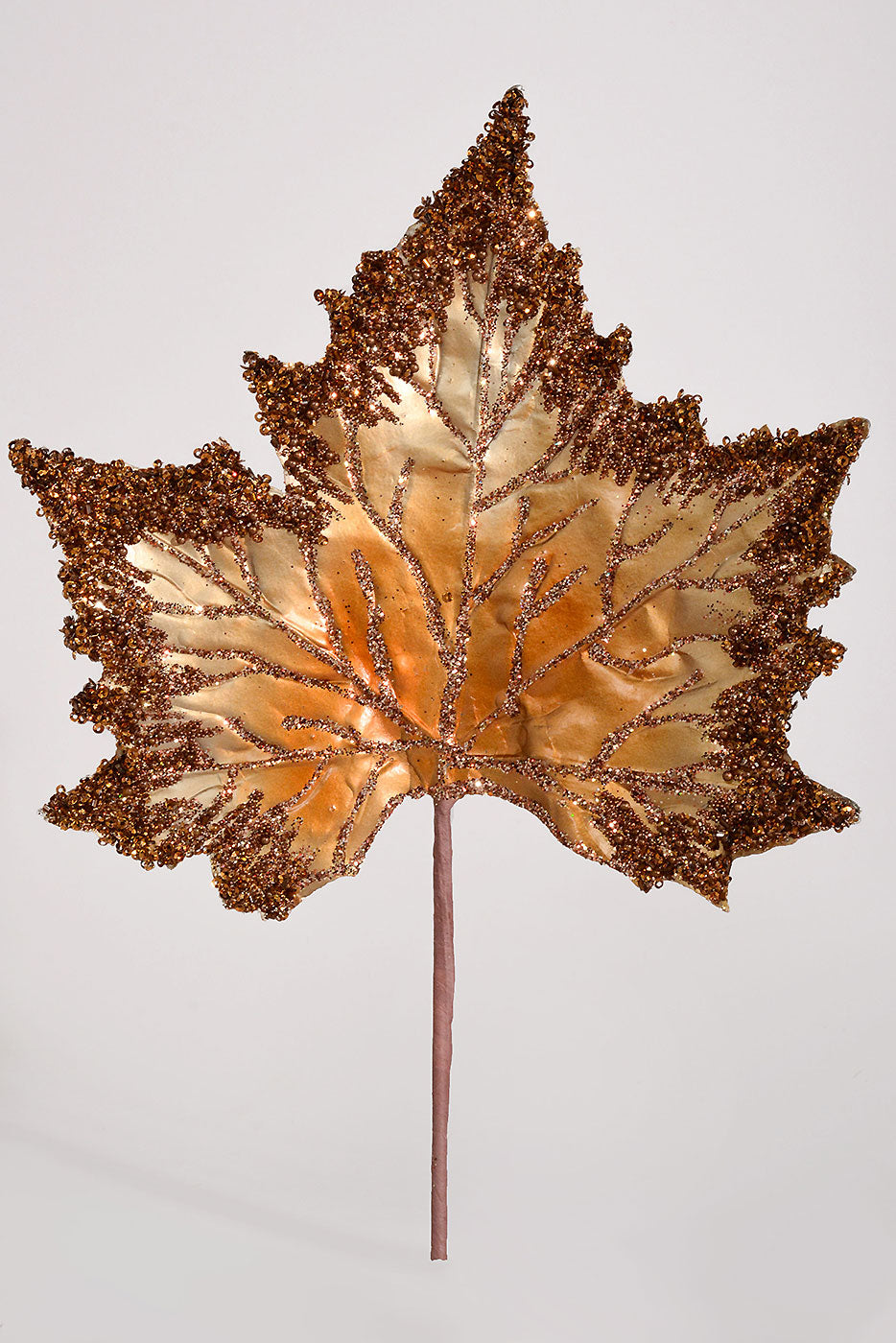 14" Beaded Faux Leather Leaf Ornament Brown