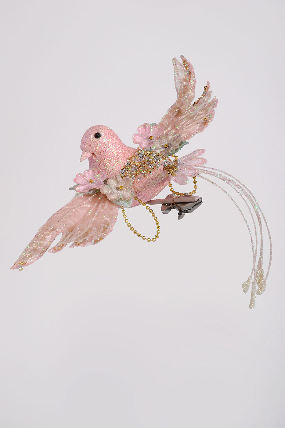 10" Glitter/Pearl Flower Bird Ornament Pink
