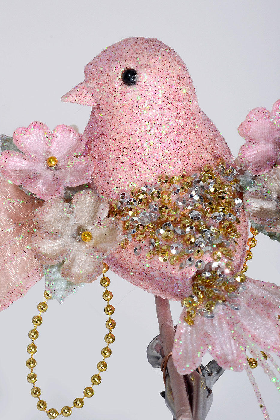 10" Glitter/Pearl Flower Bird Ornament Pink