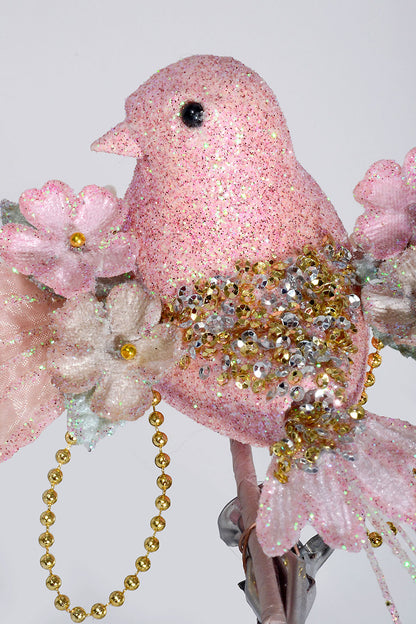 10" Glitter/Pearl Flower Bird Ornament Pink