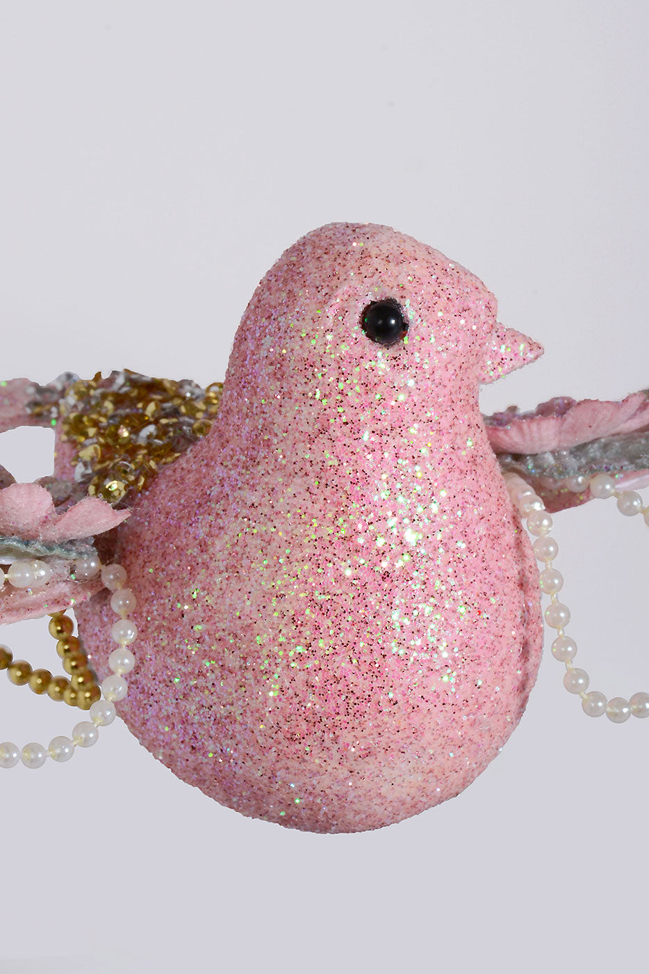 10" Glitter/Pearl Flower Bird Ornament Pink
