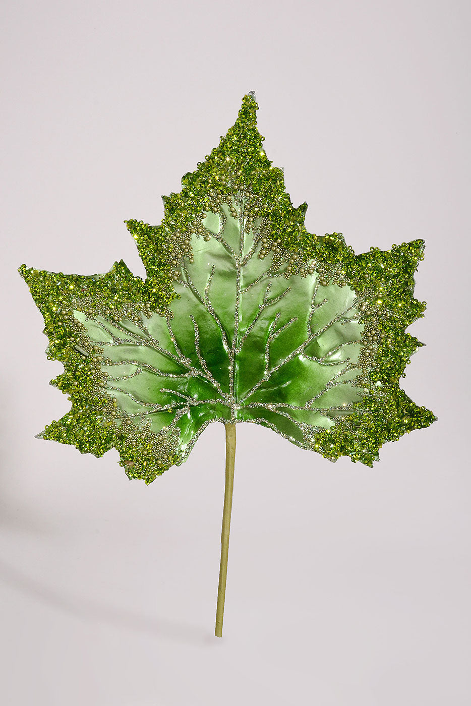 14" Beaded Faux Leather Leaf Ornament Green